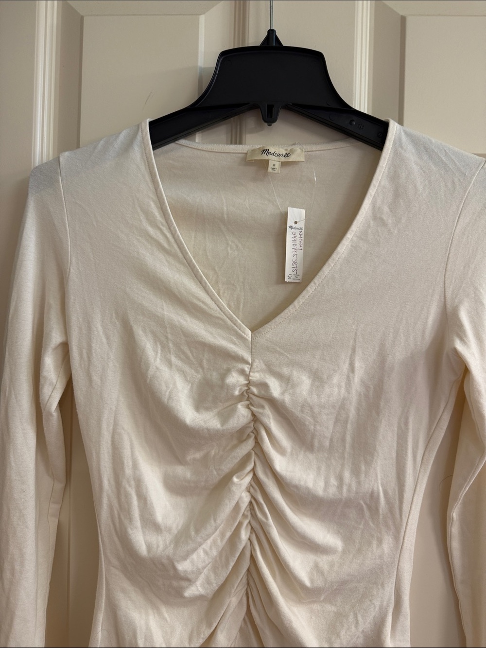 Madewell Ivory Ruched V-Neck Long Sleeve Top